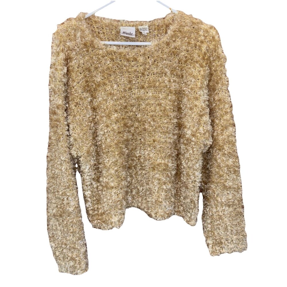 Blushe Spiegel Women Sweater XL Yellow Fuzzy Knit Pullover Stretch Long Sleeve
